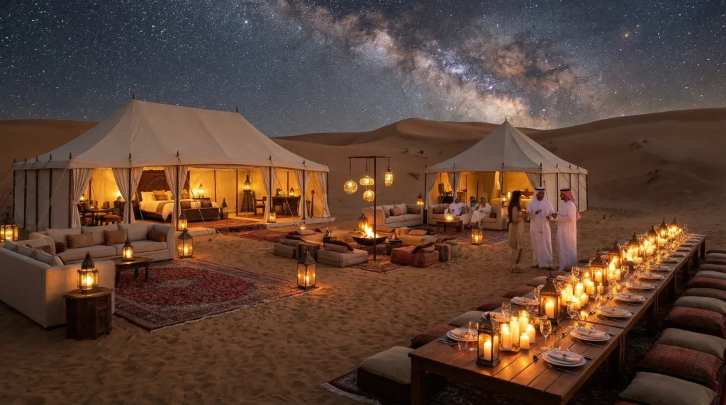 Elegant luxury desert camp with ambient lighting, comfortable seating, and stunning desert views under a starry night sky.