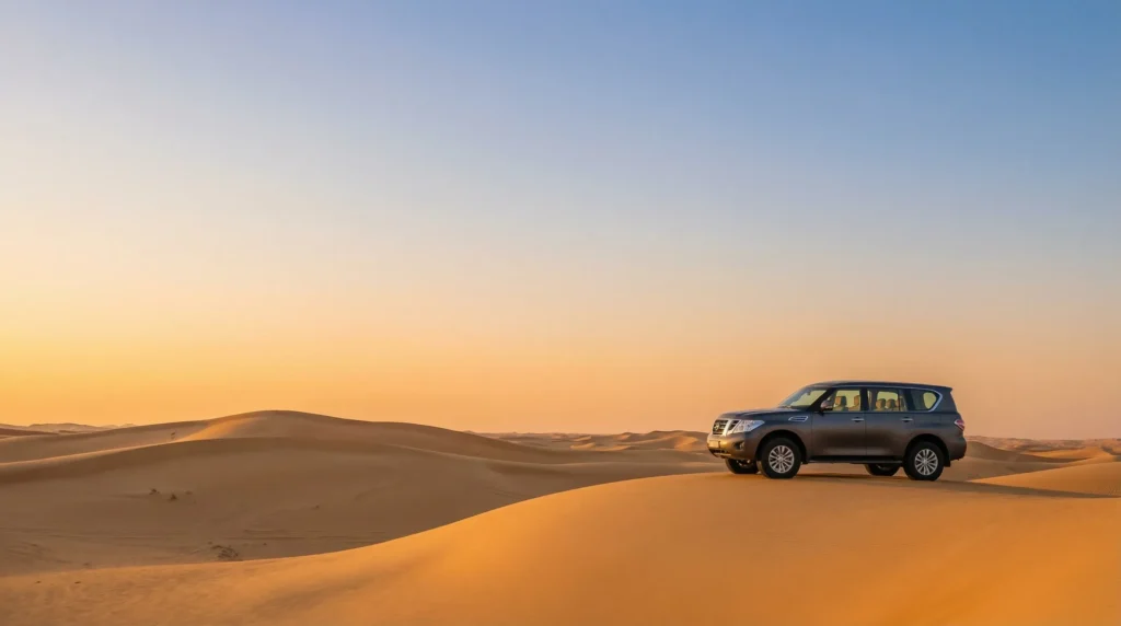 Dubai desert safari at sunset with golden sand dunes and 4x4 vehicle, perfect featured image for desert safari Instagram captions