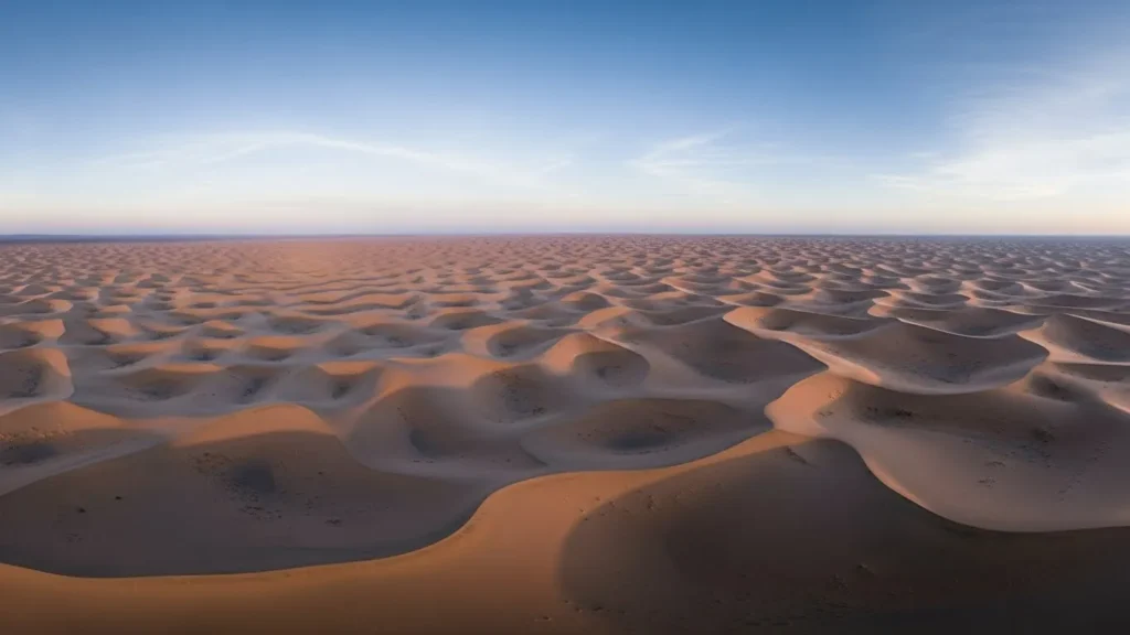 Wide panoramic drone shot of rolling desert sand dunes from above