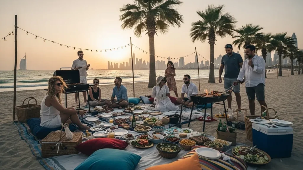 Friends having a casual beachside BBQ picnic at sunset on a Dubai beach.