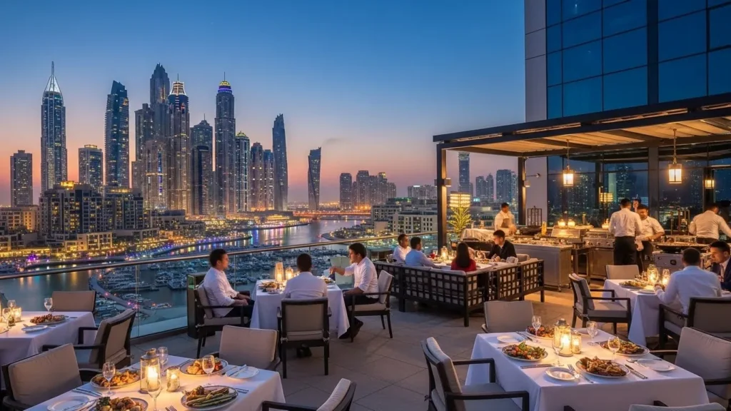Couple dining on a rooftop with modern BBQ food and the Burj Khalifa view in Dubai.