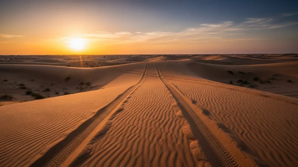 Empty, unused desert track leading into Dubai dunes at sunset, peaceful landscape
