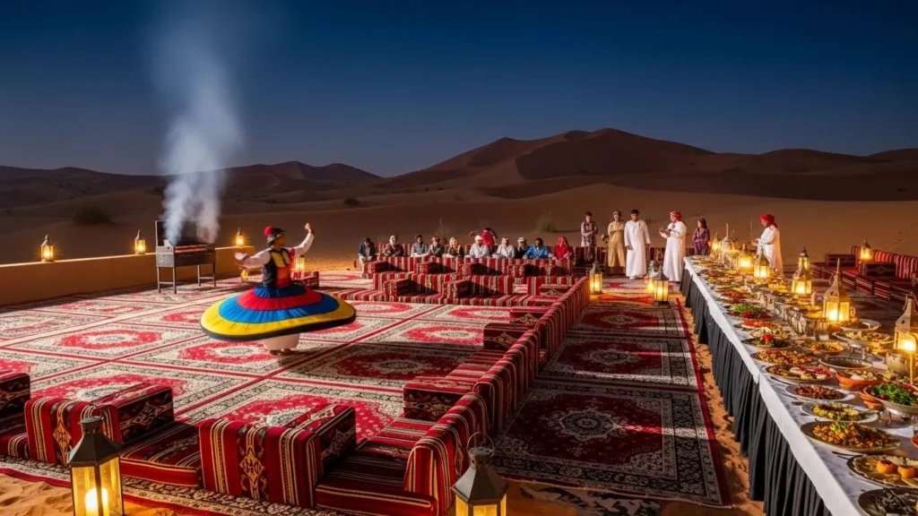 Bustling traditional desert camp BBQ buffet under the evening sky in Dubai.