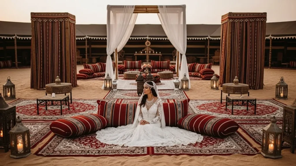 Desert Safari Dubai wedding shoot bride seated on traditional Arabian carpets at desert camp