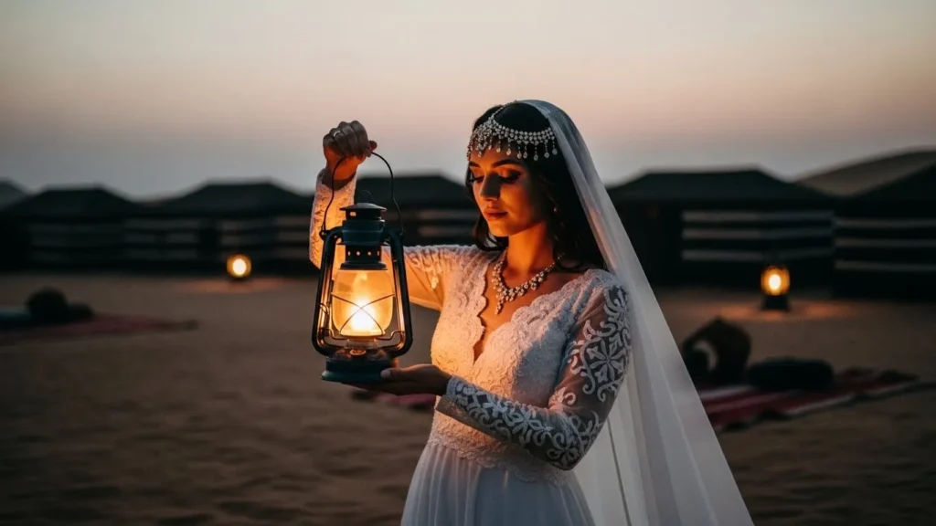 Desert Safari Dubai wedding shoot bride holding Arabic lantern at desert camp in evening