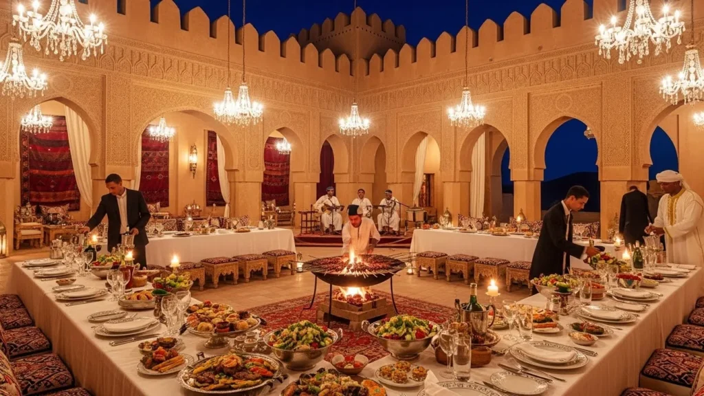Lavish BBQ feast inside a grand desert fortress decorated with chandeliers in Dubai.