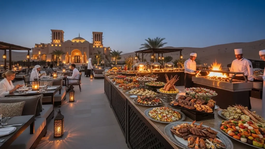 Romantic private table set for a luxury BBQ dinner at a desert resort under the stars.