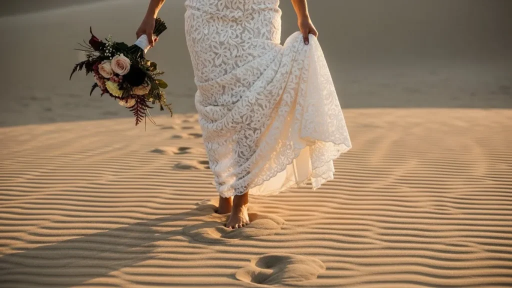 Desert Safari Dubai wedding shoot barefoot bride walking on cool desert sand
