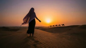 Golden Dubai desert safari landscape used as featured image for Instagram caption ideas