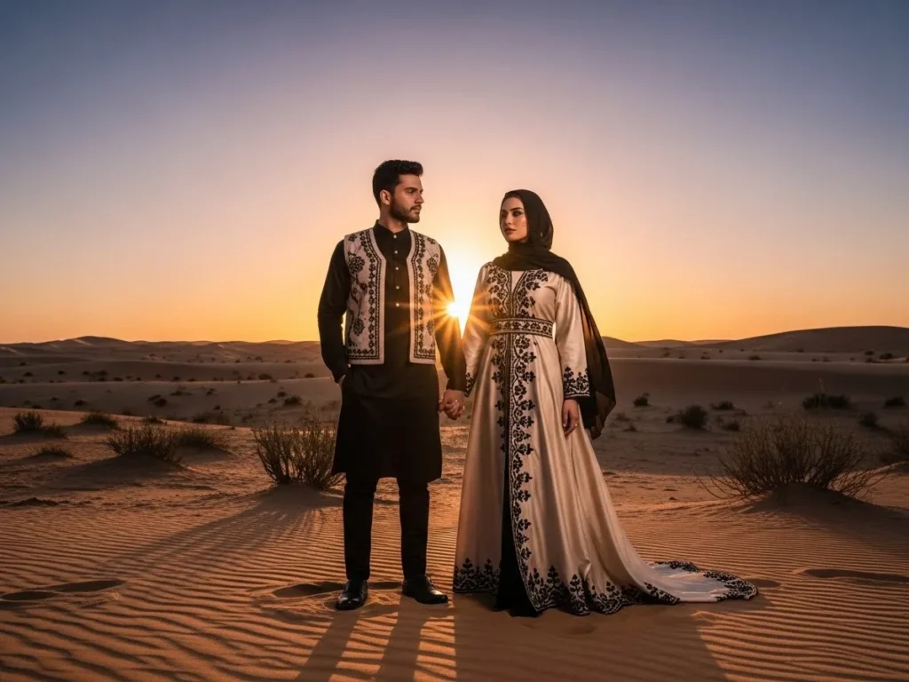 Black and beige matching couple outfits at desert sunset