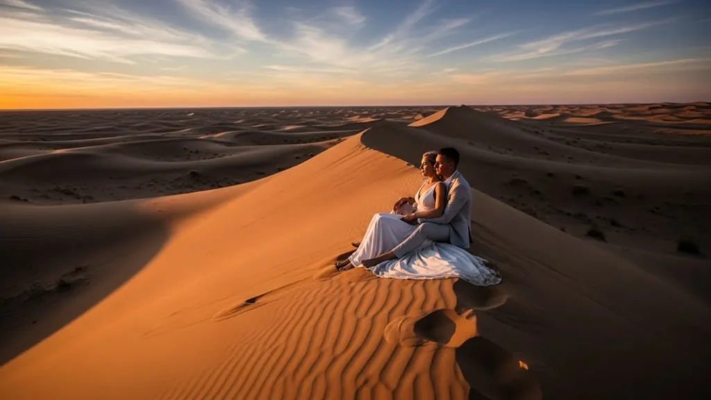 Desert Safari Dubai wedding shoot bride sitting on high sand dune with wide desert view