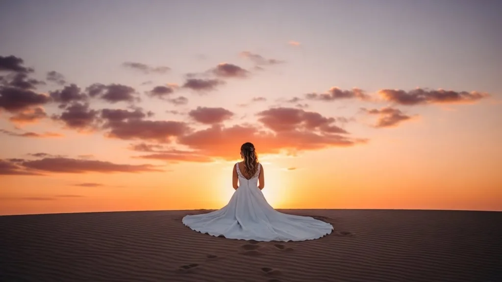 Desert Safari Dubai wedding shoot bride sitting on low sand dune during sunset