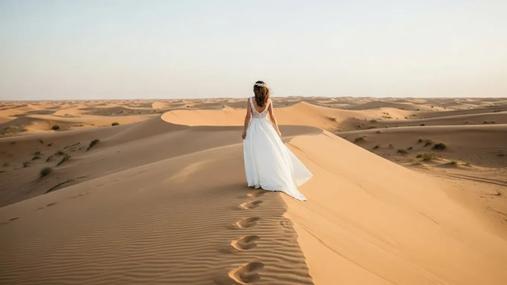 Desert Safari Dubai wedding shoot bride walking along dune ridge in soft evening light