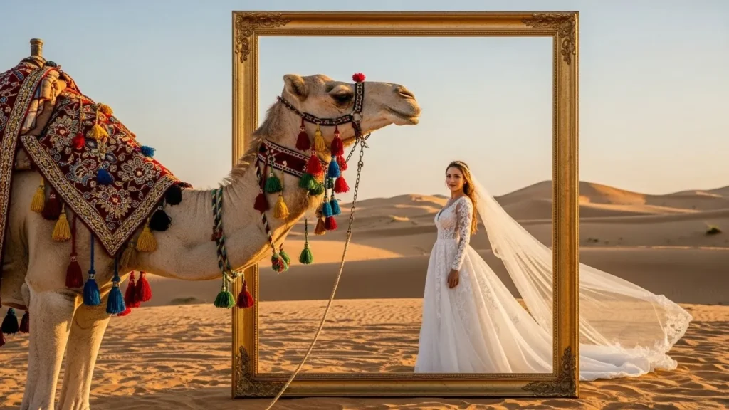 Desert Safari Dubai wedding shoot bride standing near camel in desert safari setting