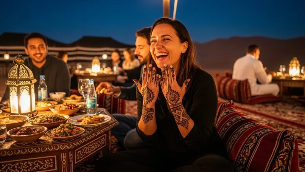 Woman with henna laughing and enjoying dinner at Dubai desert safari camp