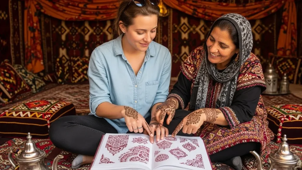 Tourist and henna artist selecting henna design from book inside traditional desert safari tent