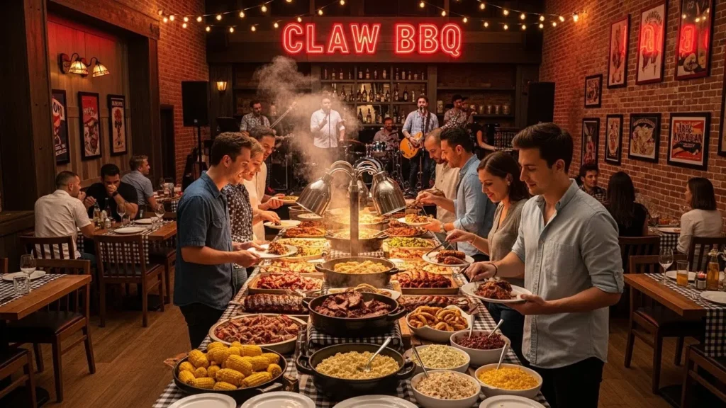 Woman enjoying a giant beef rib at a lively American-style BBQ restaurant in Dubai.