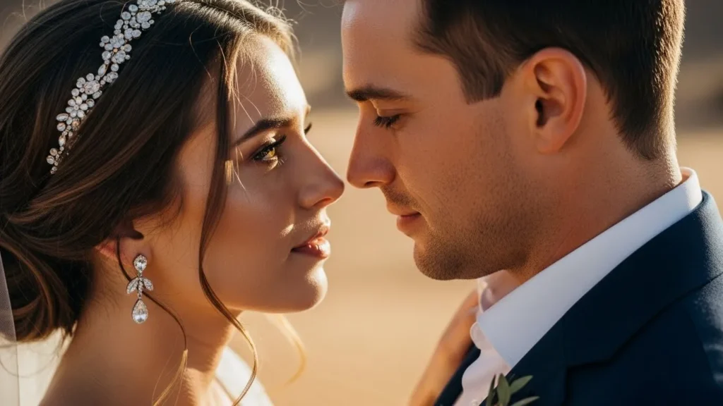 Desert Safari Dubai wedding shoot close portrait of bride facing partner in soft desert light