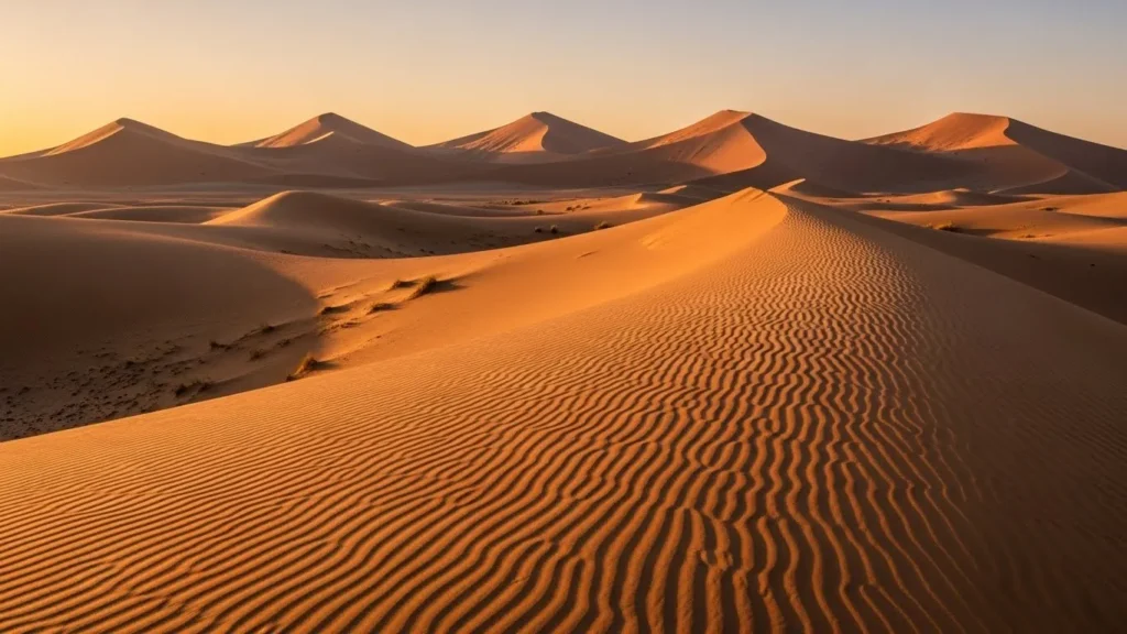 Wind-shaped crescent dunes in Dubai desert casting long shadows at sunset