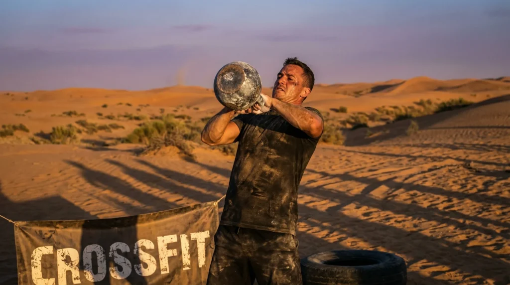 Athlete performing a Crossfit workout with a kettlebell in the desert, showing strength and endurance under the sun.