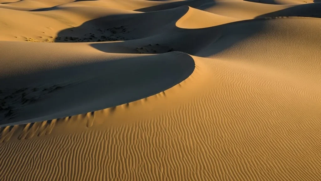 Aerial drone view highlighting natural curved sand dune patterns in the desert