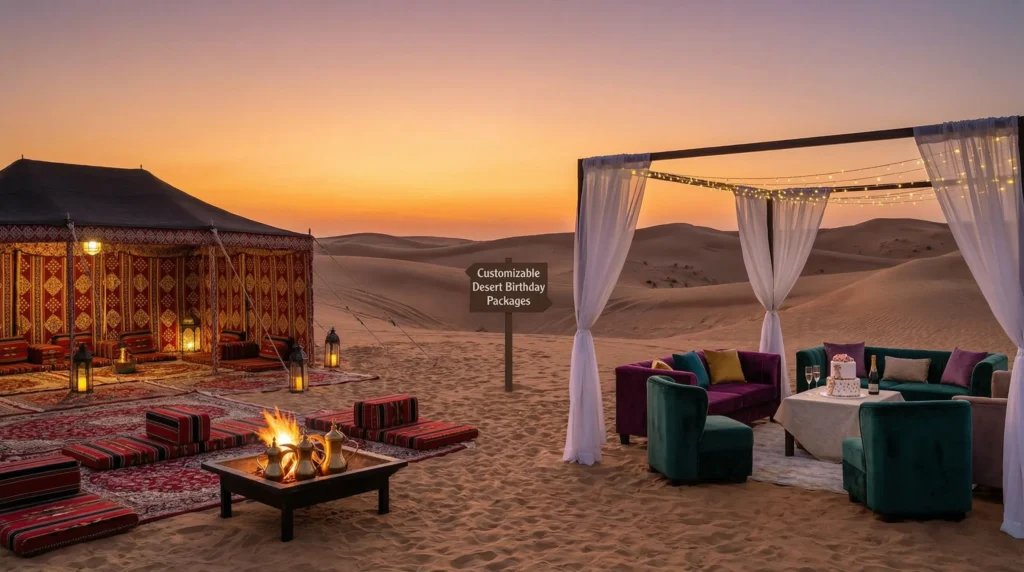 Different desert birthday setups in Dubai, including traditional Arabian and modern luxury themes, with a sunset desert backdrop.
