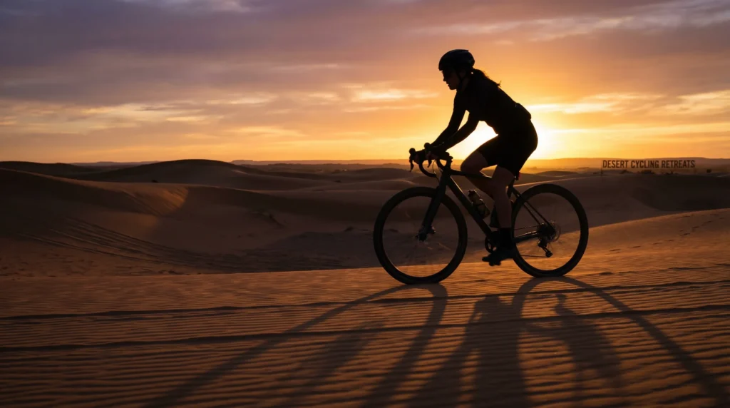 Woman cycling through the desert dunes during the golden hour, with a stunning desert landscape in the background.