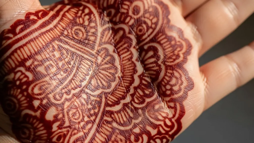Close-up of mature dark henna stain photographed in natural morning light