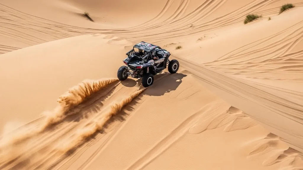 Drone shot capturing dune bashing and adventure sports in desert safari