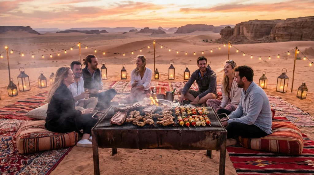Casual BBQ party in the Dubai desert with a grill, meats, vegetables, and friends gathered on colorful cushions under the desert sky.
