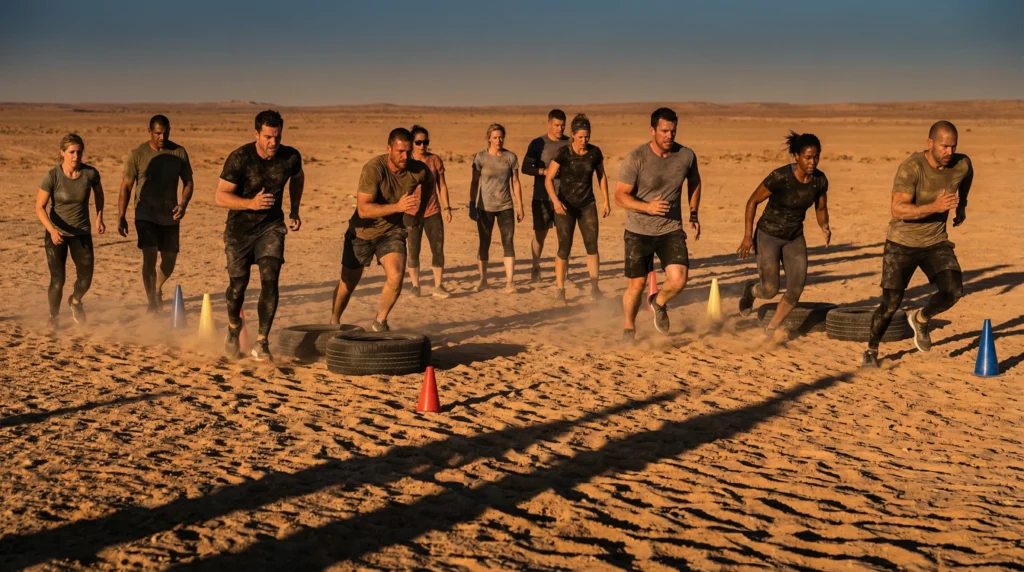 Group of fitness enthusiasts performing sand sprints and agility drills in the desert, with intense sunlight and long shadows.