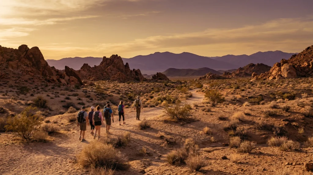 Group of hikers trekking along a desert trail with mountains and rocky formations in the background.