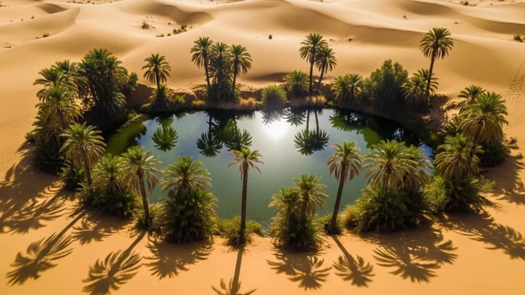 Aerial drone shot of desert oasis with palm tree shadows on golden sand