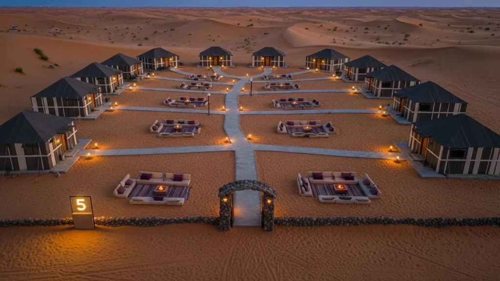 Aerial drone view of a desert safari camp with tents and seating areas