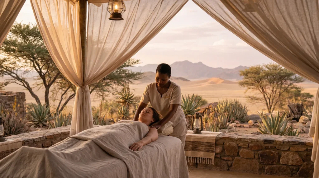 Woman relaxing in a desert spa, receiving a massage with a tranquil desert landscape in the background.