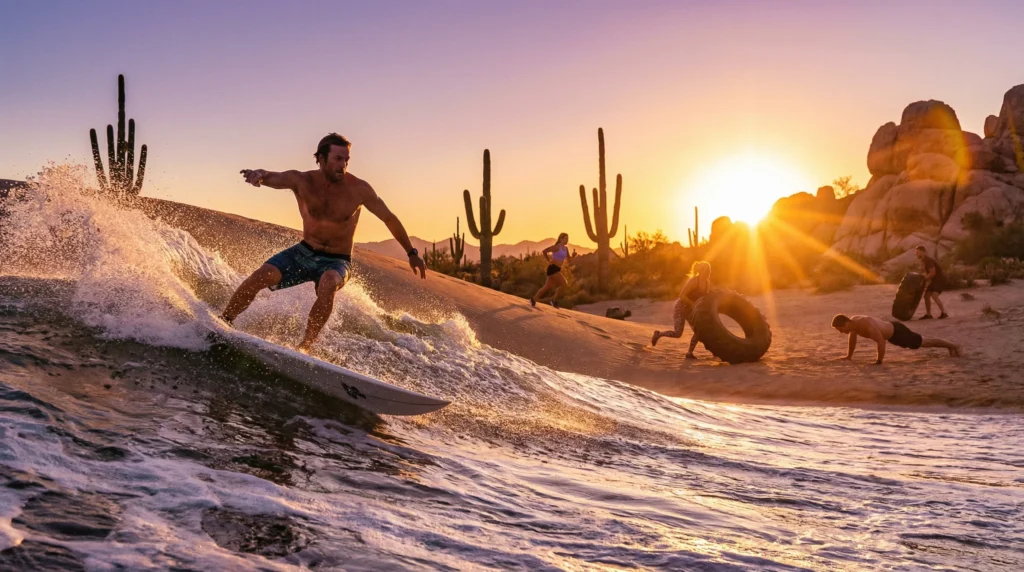 Surfer catching a wave in the desert while others participate in desert fitness training, blending land and water activities.