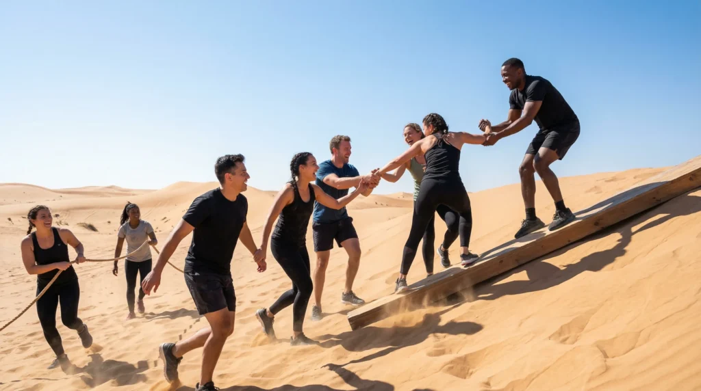 Group of people participating in a team-building fitness challenge in the desert, helping each other in the vast landscape.