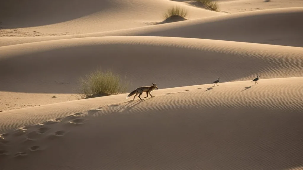 Drone shot spotting desert wildlife moving across sand dunes