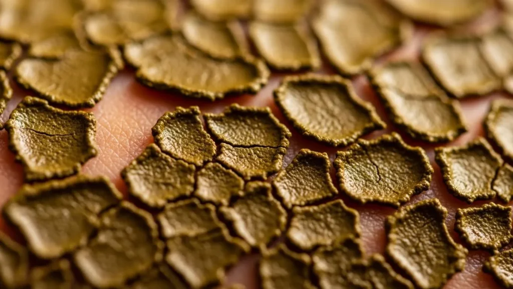 Extreme close-up of cracked and flaking dried henna paste revealing skin underneath