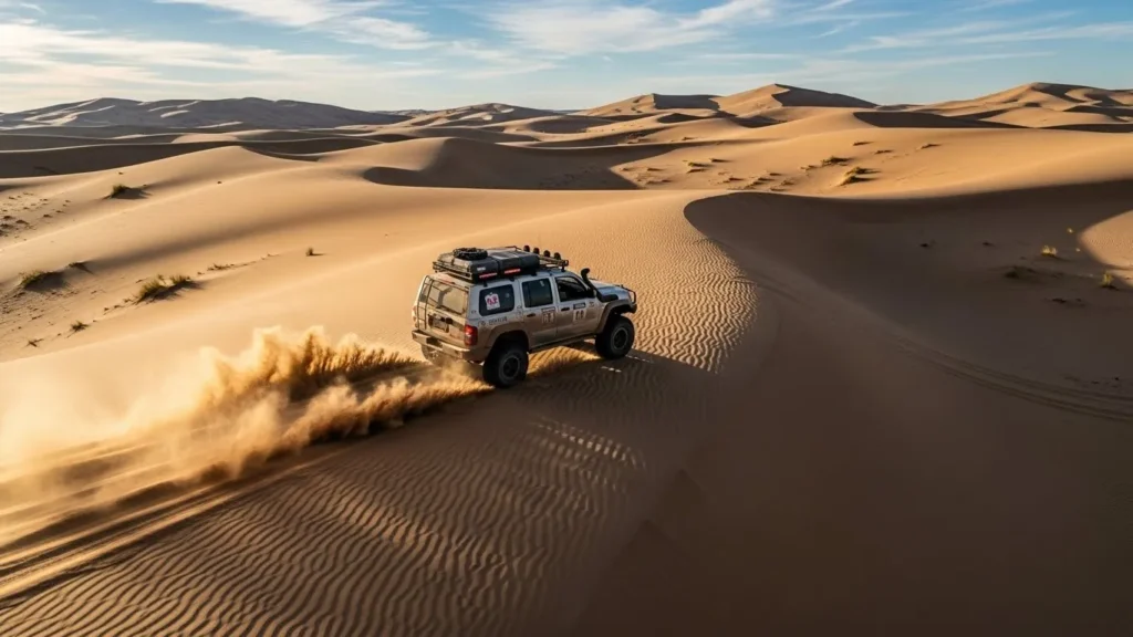 Drone following a 4x4 vehicle driving across desert sand dunes