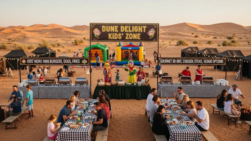 Family with children enjoying a kid-friendly BBQ buffet at a desert camp.
