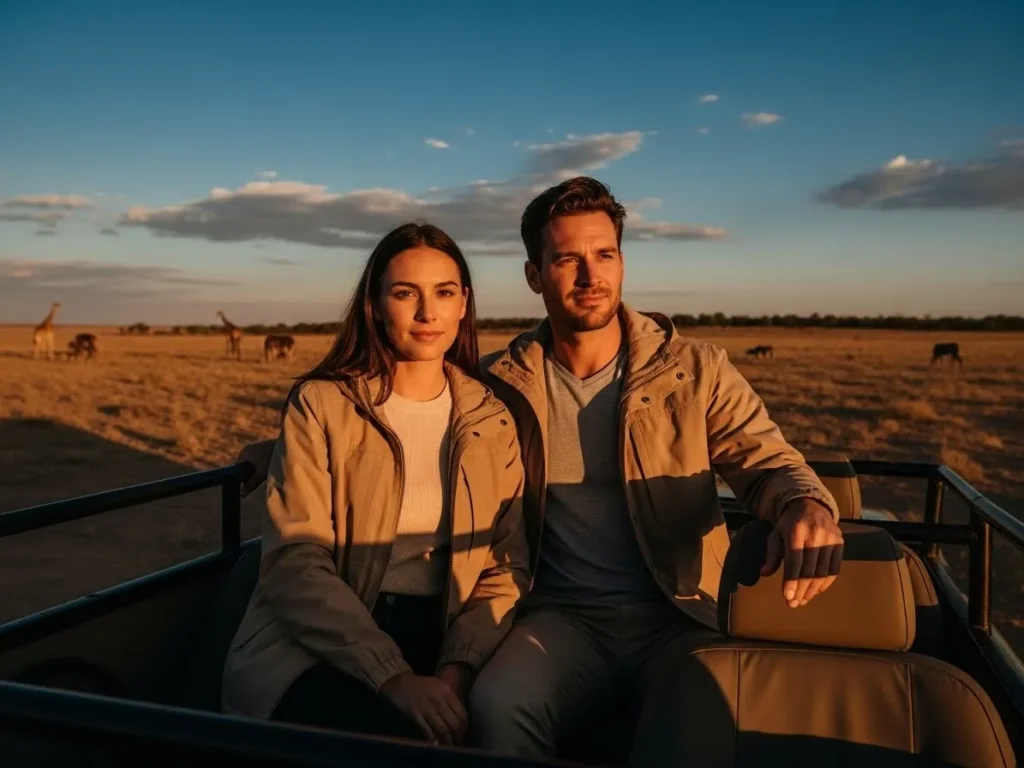 Evening desert safari couple outfits with light jackets