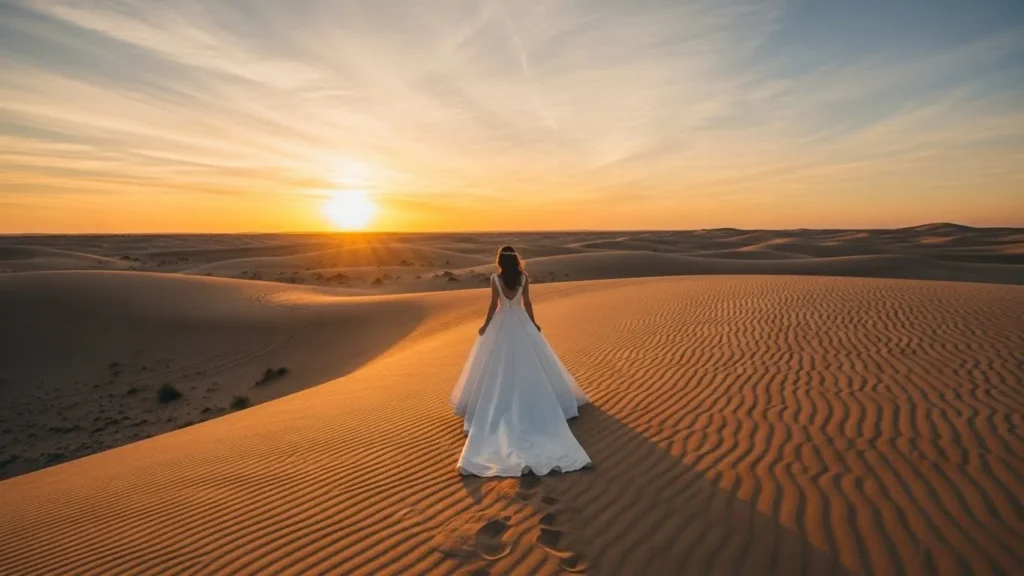 Desert Safari Dubai wedding shoot bride walking away across dunes at sunset
