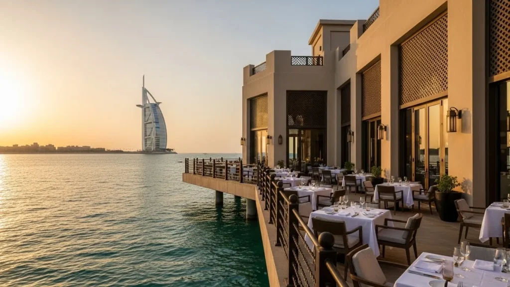 Fine dining dinner setup at Pierchic restaurant in Dubai