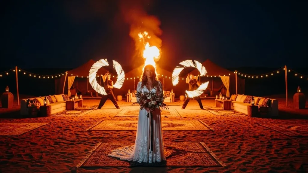 Desert Safari Dubai wedding shoot bride near fire show performance at desert camp