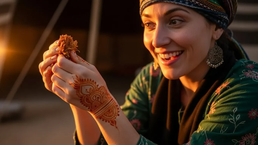 Woman smiling as she removes dried henna paste to reveal bright orange stain