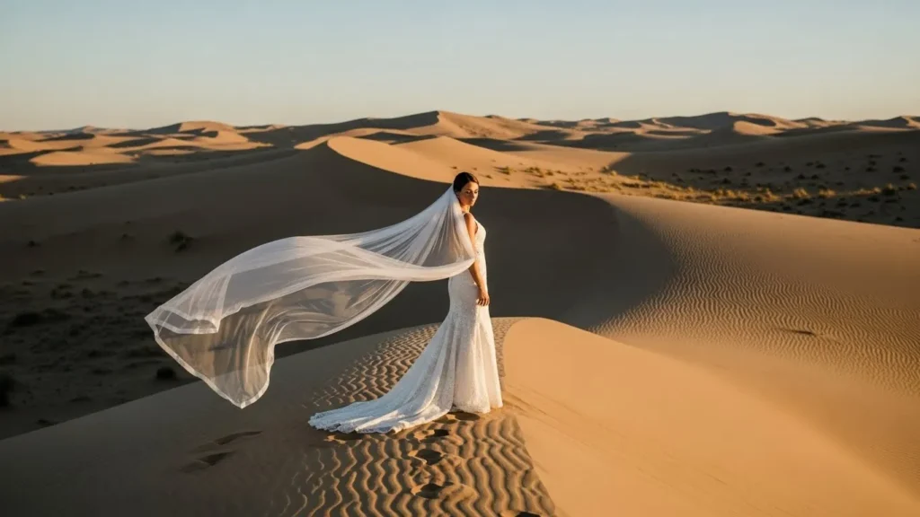 Desert Safari Dubai wedding shoot bride with flowing veil in soft desert wind