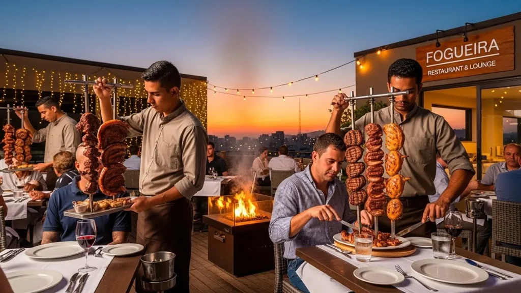 Server slicing grilled meat rodizio-style at a Brazilian rooftop restaurant overlooking Dubai Marina.