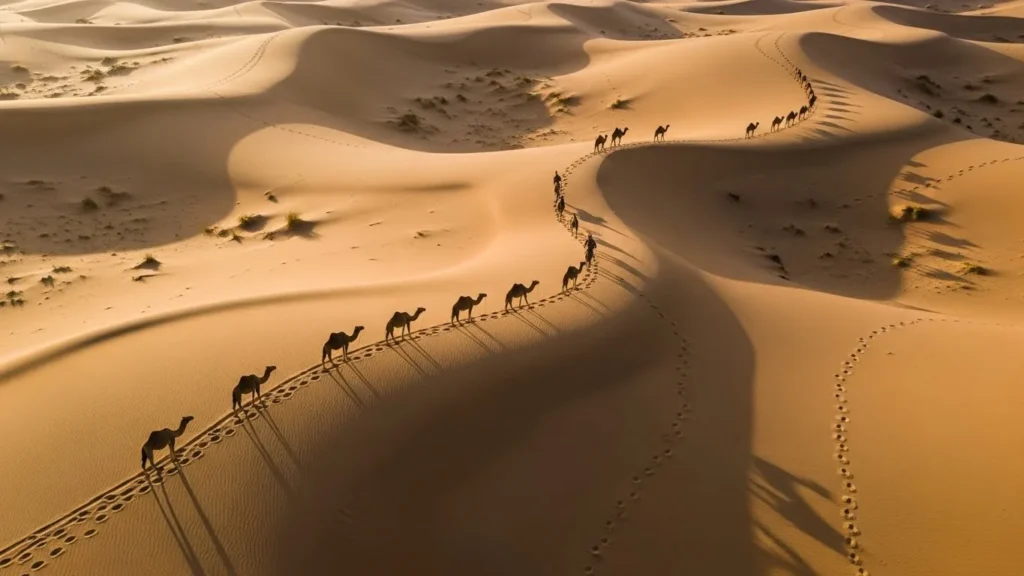 Drone view of human and camel footprints crossing desert sand dunes