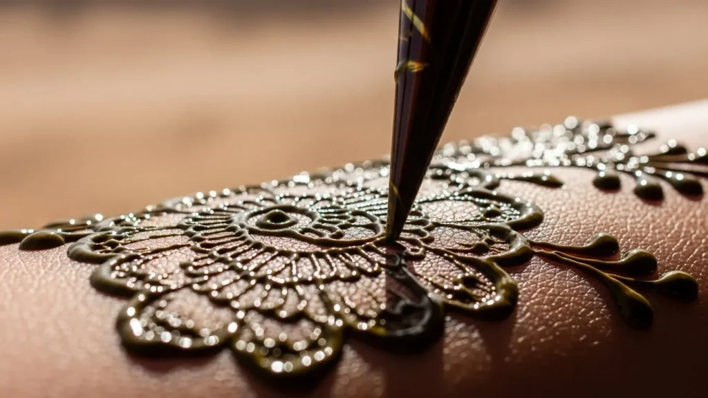 Macro shot of shiny wet henna paste forming floral design during desert safari henna art